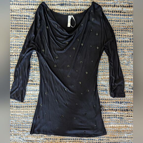 Black Embossed Cowl Neck Top 3/4 Sleeve Y2K S Indie Sleaze Cyber Grunge - Picture 2 of 7